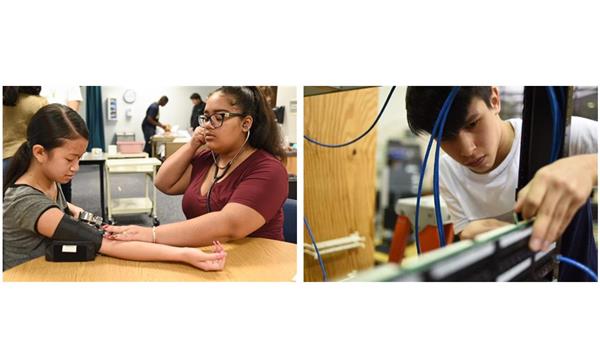 Left image, female student taking blood pressure of another female student. Right Image, male student working on computer. Left image, female student taking blood pressure of another female student. Right Image, male student working on computer.